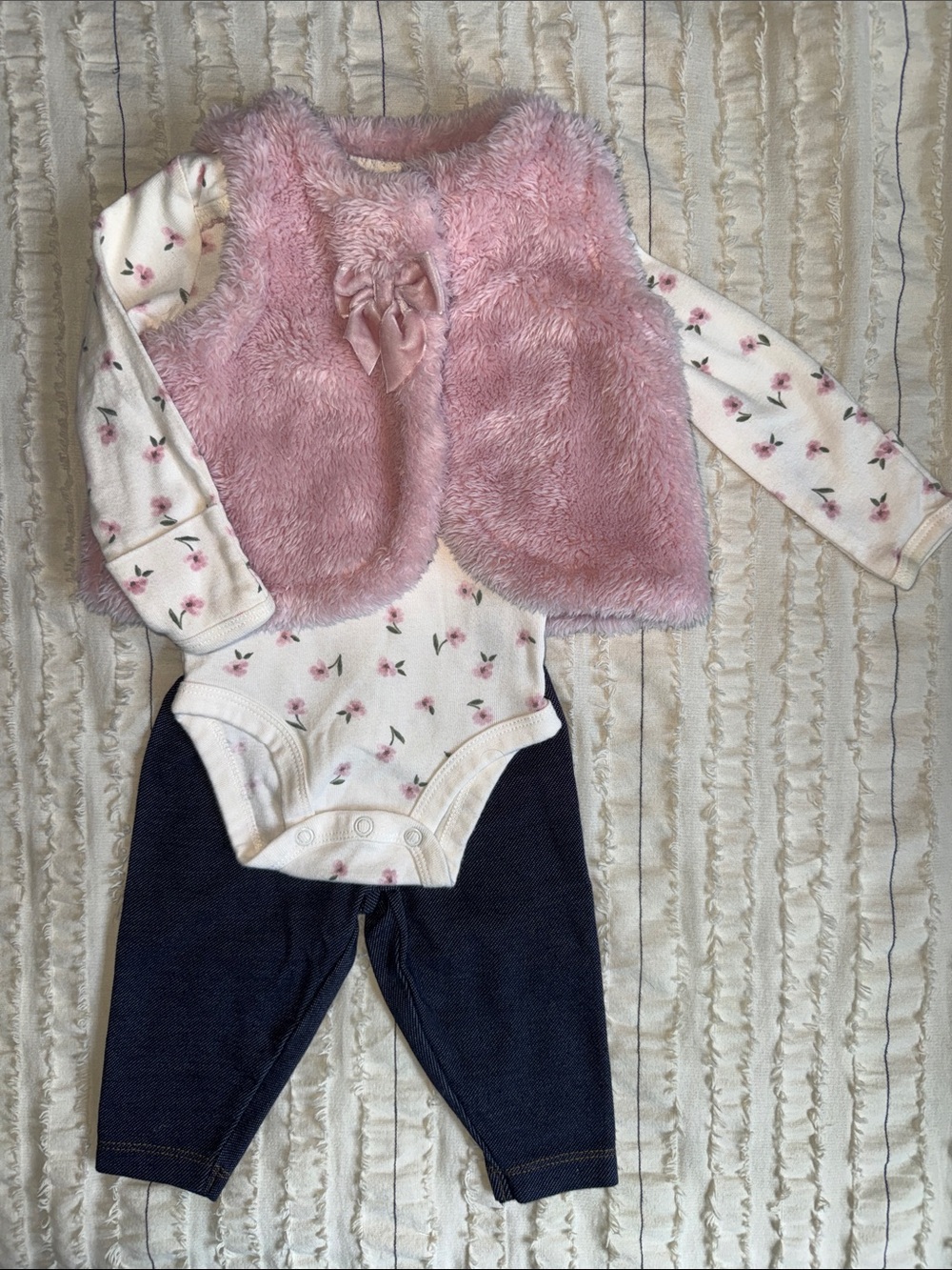 Carter's Pink Floral Bodysuit with Pink Faux-Fur Vest and Navy Pants